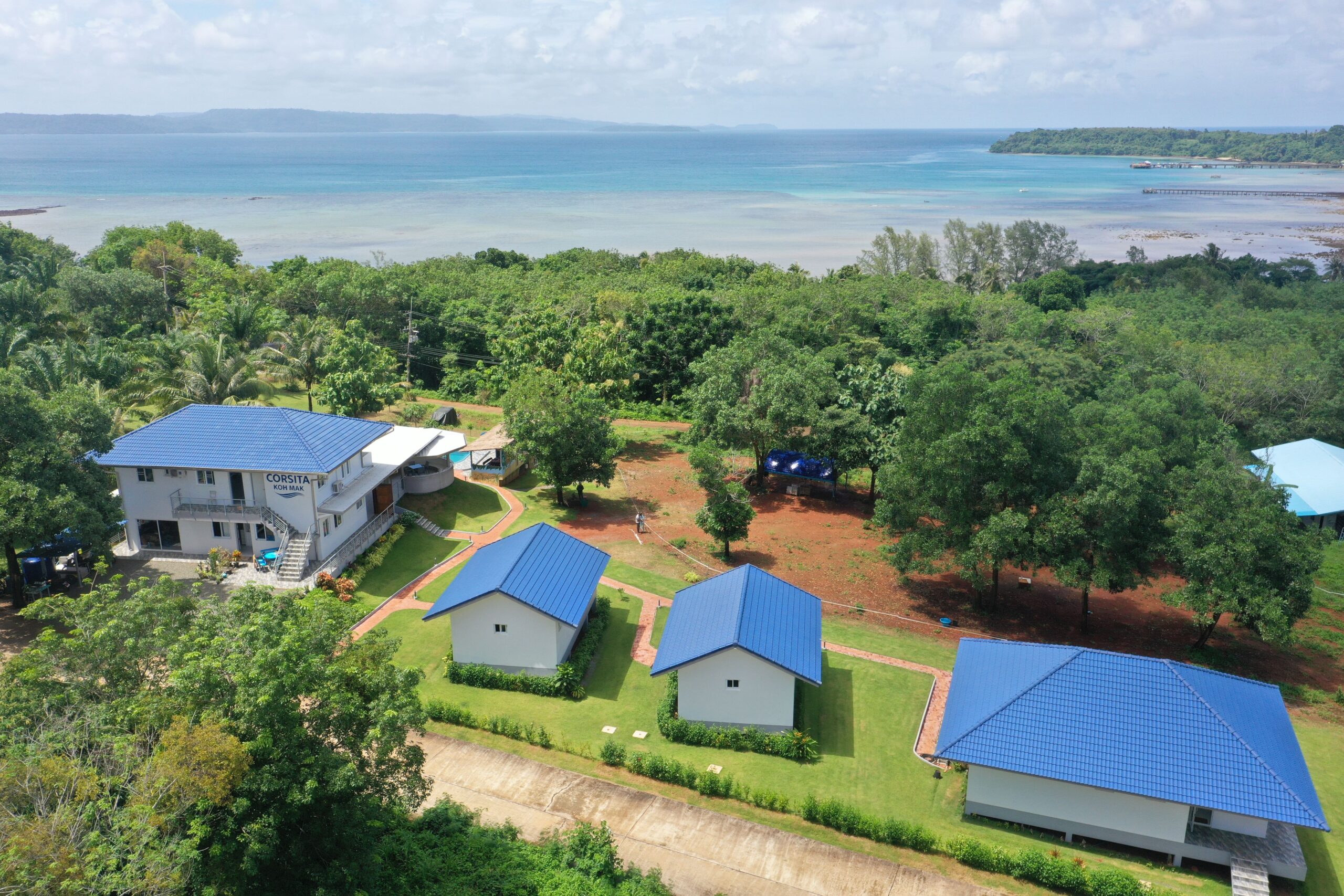 Aerial view of Corsita Resort and the sea on Koh Mak